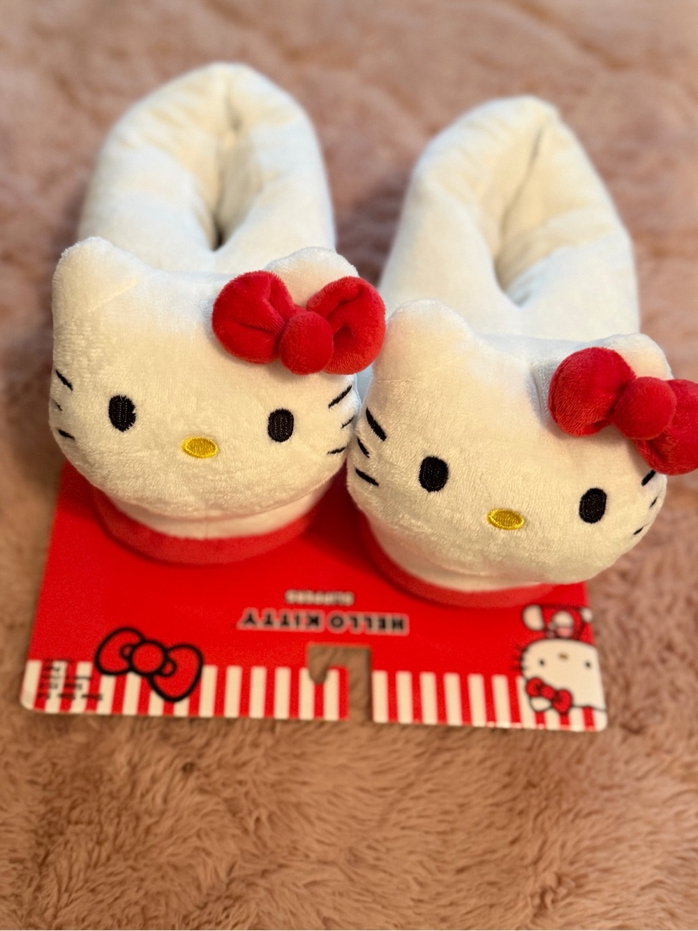 Hello Kitty Plush Kids Slippers in White and Red